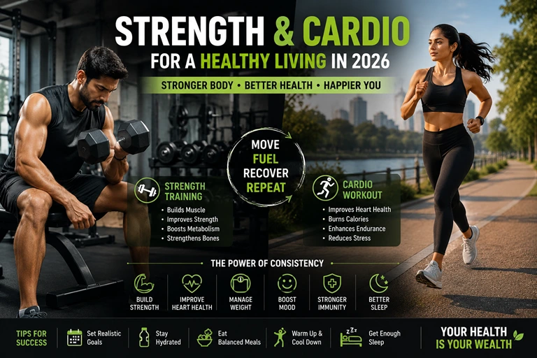 Adult performing strength training and cardio workout for healthy living