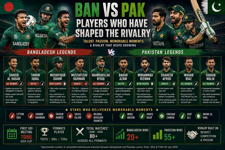 Legendary Bangladesh and Pakistan cricketers who defined the Bangladesh vs Pakistan rivalry across all formats.