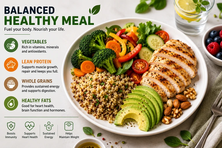 Balanced healthy meal with vegetables, lean protein, whole grains, and healthy fats