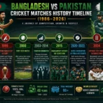 Bangladesh vs Pakistan cricket rivalry timeline highlighting major matches, milestones, and historic moments from 1986 to 2026.