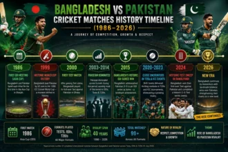 Bangladesh vs Pakistan cricket rivalry timeline highlighting major matches, milestones, and historic moments from 1986 to 2026.
