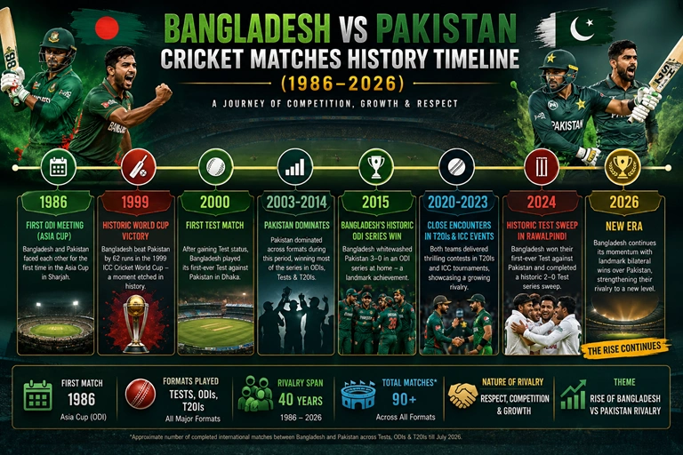 Bangladesh vs Pakistan cricket rivalry timeline highlighting major matches, milestones, and historic moments from 1986 to 2026.