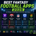 Comparison infographic of the best fantasy football apps in 2026, featuring Yahoo Fantasy, ESPN Fantasy, NFL Fantasy, FanDuel, DraftKings, ROTOWIRE and Sleeper with key features and recommendations.