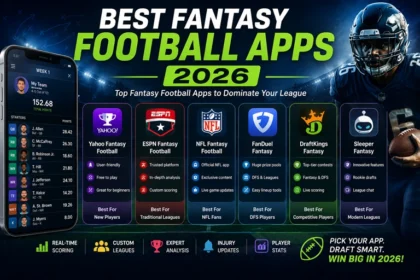 Comparison infographic of the best fantasy football apps in 2026, featuring Yahoo Fantasy, ESPN Fantasy, NFL Fantasy, FanDuel, DraftKings, ROTOWIRE and Sleeper with key features and recommendations.