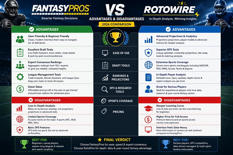 FantasyPros vs RotoWire advantages and disadvantages infographic