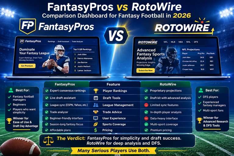 FantasyPros vs RotoWire comparison dashboard for fantasy football in 2026