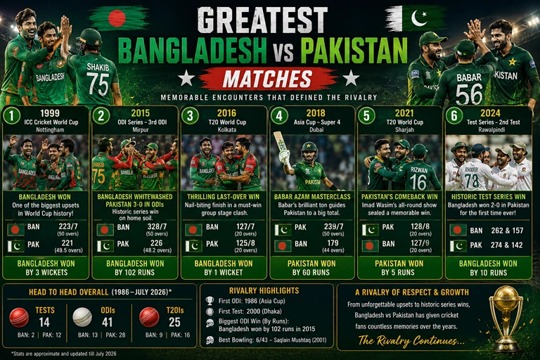 the greatest Bangladesh vs Pakistan cricket matches including World Cup, Asia Cup, Test, ODI, and T20I classics.