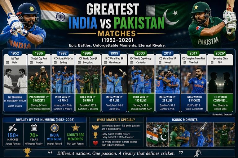 Infographic featuring the greatest India vs Pakistan cricket matches, unforgettable World Cup clashes, and legendary encounters from 1952 to 2026.