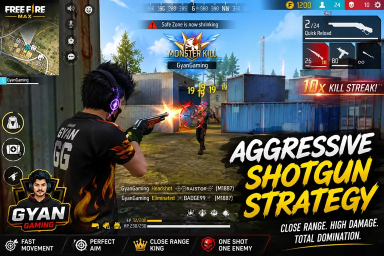 Gyan Gaming UID aggressive Free Fire gameplay using shotgun strategy