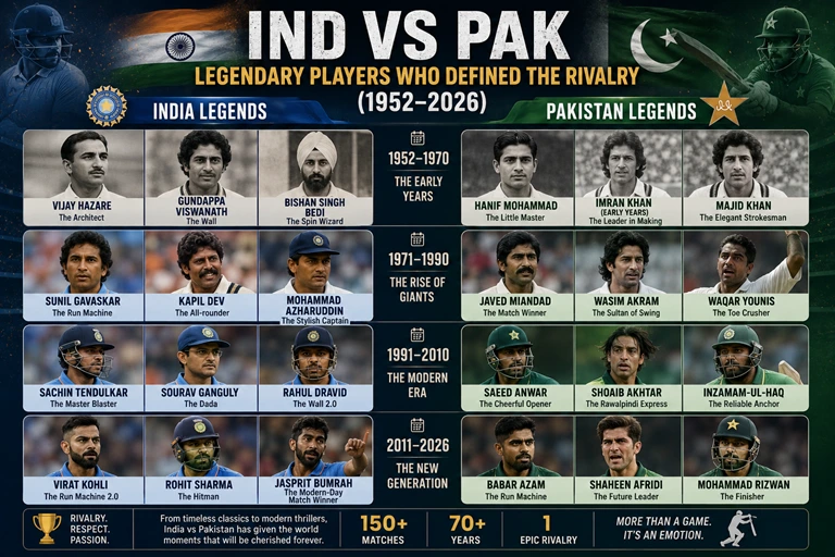 Legendary India and Pakistan cricketers who shaped the greatest rivalry in cricket history between 1952 and 2026.