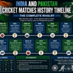 India vs Pakistan cricket rivalry timeline from 1952 to 2026 across Tests, ODIs, T20Is, World Cups, and Asia Cups.
