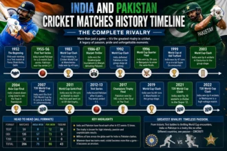 India vs Pakistan cricket rivalry timeline from 1952 to 2026 across Tests, ODIs, T20Is, World Cups, and Asia Cups.