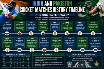 India vs Pakistan cricket rivalry timeline from 1952 to 2026 across Tests, ODIs, T20Is, World Cups, and Asia Cups.