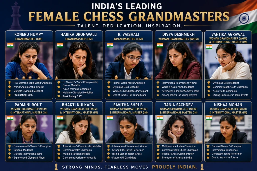 India's leading female chess Grandmasters with their major achievements and countries represented.