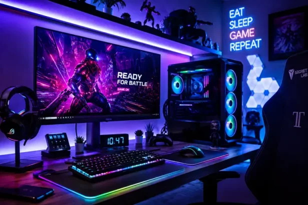 Modern Gadgets EuroGamersOnline gaming setup with RGB PC and OLED monitor