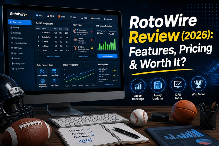 RotoWire Review 2026 homepage with fantasy sports tools dashboard