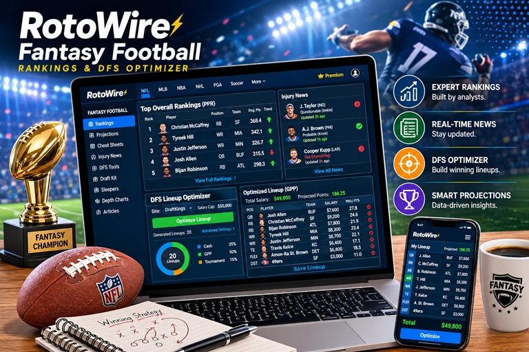 RotoWire fantasy football rankings and DFS lineup optimizer dashboard