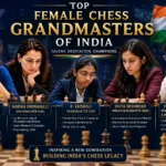 Top female chess Grandmasters of India including Koneru Humpy, Harika Dronavalli, and R. Vaishali competing in international tournaments.