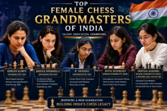 Top female chess Grandmasters of India including Koneru Humpy, Harika Dronavalli, and R. Vaishali competing in international tournaments.