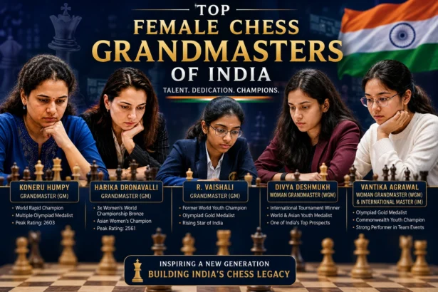 Top female chess Grandmasters of India including Koneru Humpy, Harika Dronavalli, and R. Vaishali competing in international tournaments.