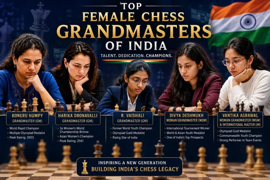 Top female chess Grandmasters of India including Koneru Humpy, Harika Dronavalli, and R. Vaishali competing in international tournaments.
