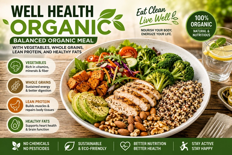 WELL HEALTH ORGANIC Balanced organic meal with vegetables, whole grains, lean protein, and healthy fats