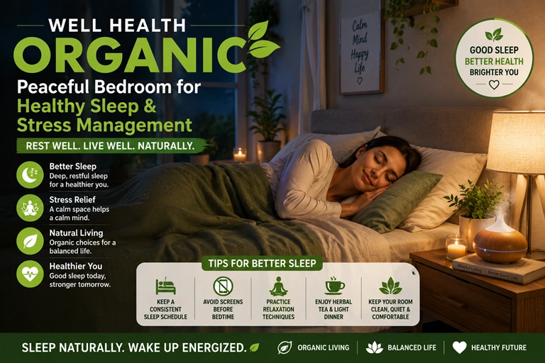 WELL HEALTH ORGANIC Peaceful bedroom supporting healthy sleep and stress management