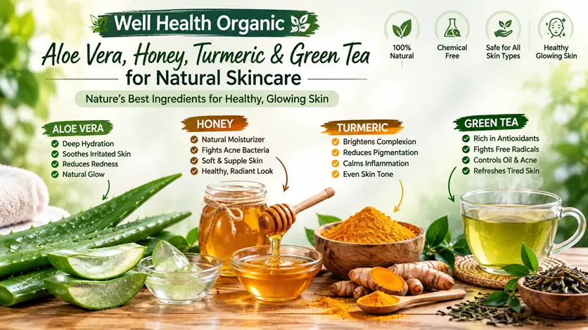 Well Health Organic Aloe vera, honey, turmeric and green tea for natural skincare