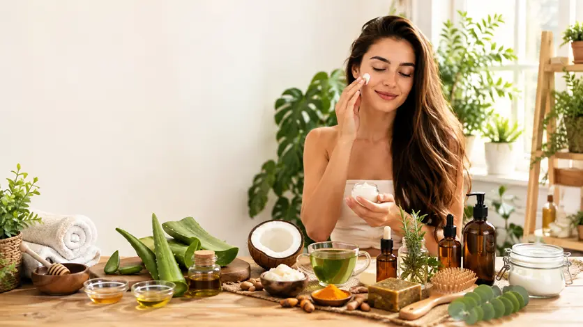 Well Health Organic Woman applying organic moisturizer after cleansing face naturally
