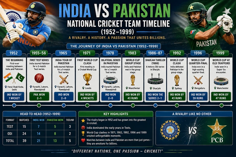 the biggest India vs Pakistan cricket matches and memorable moments between 1952 and 1999.